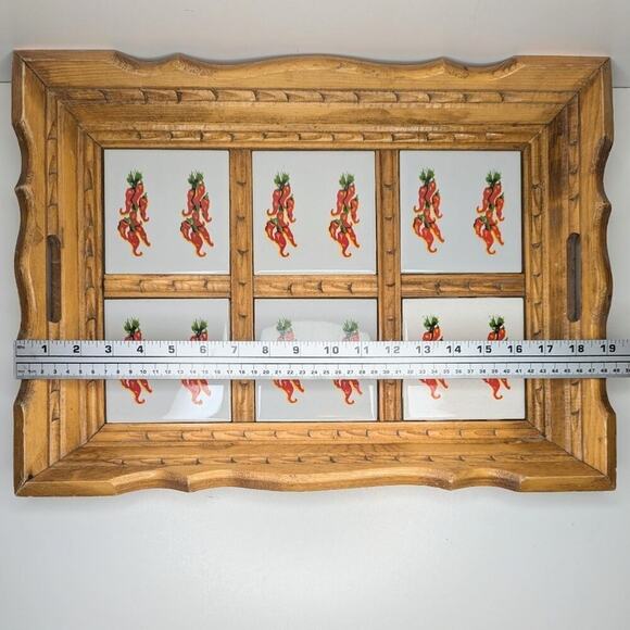 Vintage MCM large wood carved serving tray ceramic tile chili pepper 14" x 19" - Picture 3 of 4